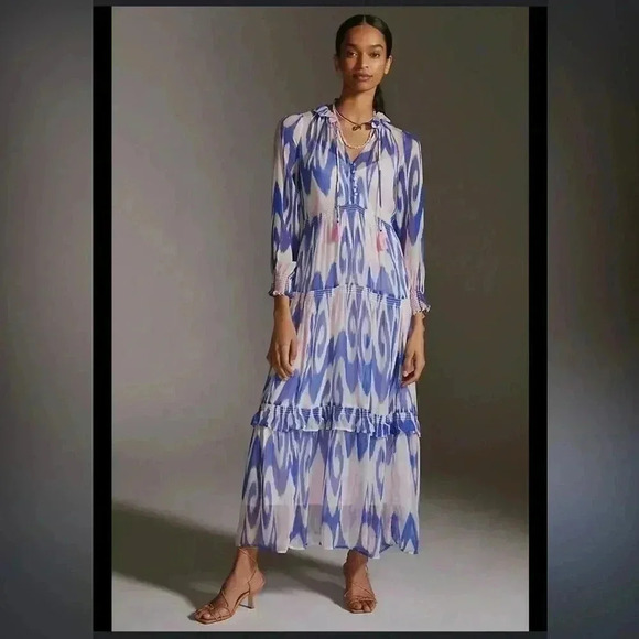 Anthropologie Dresses & Skirts - Anthropologie Marais Chiffon Maxi Dress Ruffled Tiers Sheer Tassel Beach Small